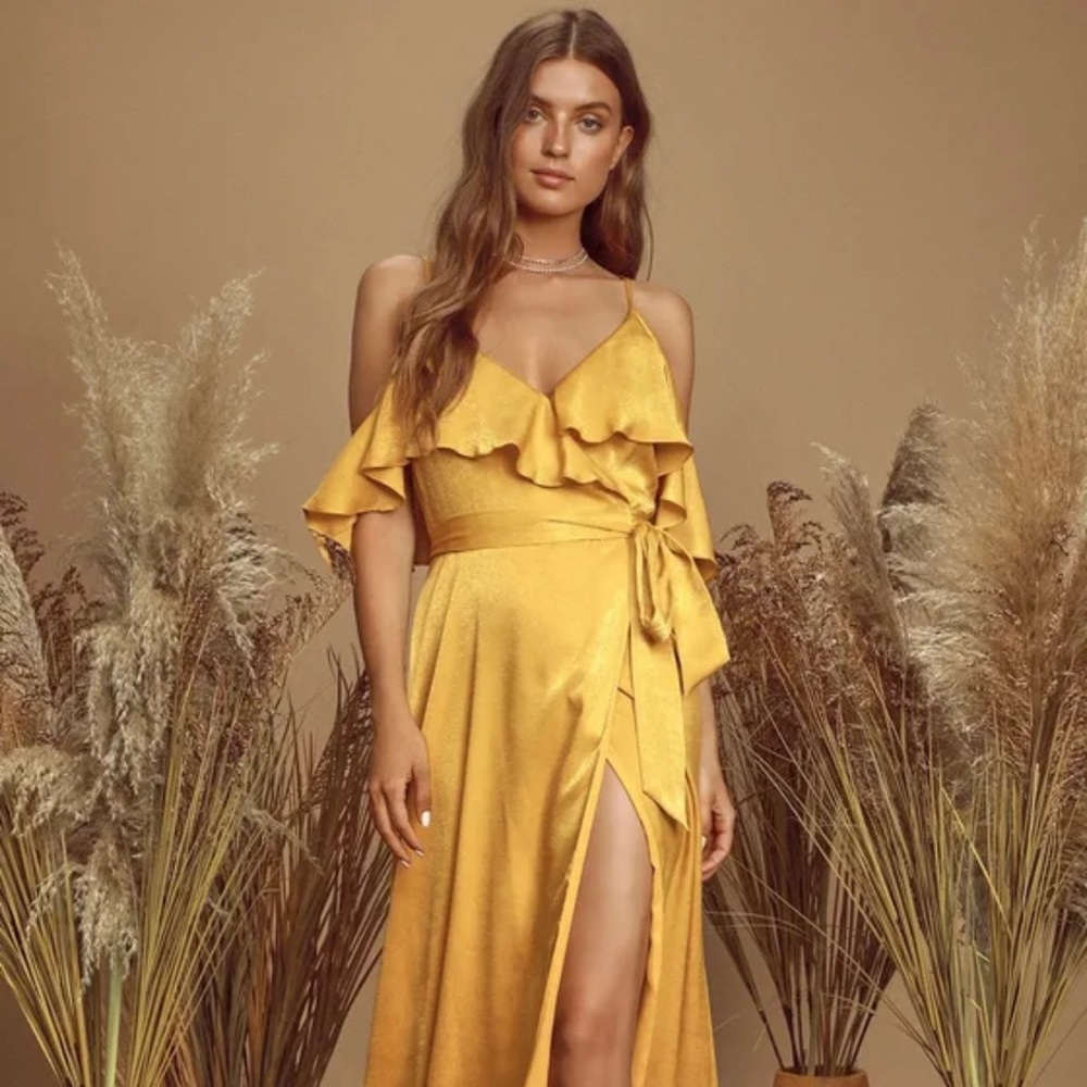 Moriah Rose Satin Cold-Shoulder Wrap Maxi Dress